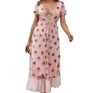 Womens Pink Strawberry Sequin Tulle Maxi Dress small sexy casual wedding party‎